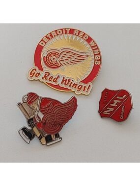 NHL Detroit Red Wings Pin LOT of 3 Red and White Hockey Skating Sports Team